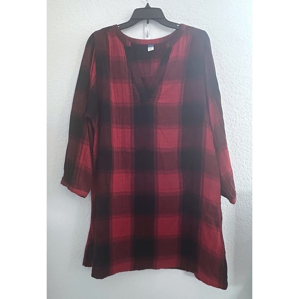 Old Navy Gauzy‎ Tunic Shirt Dress Womens L Buffalo Plaid Cotton Pockets Peasant